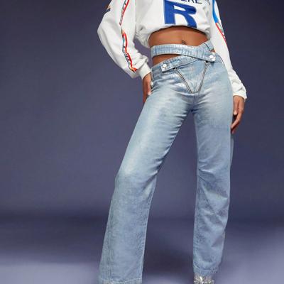 Bon&Bon Denimoi Crisscross Waist Mom Fit Straight Leg Metallic Jeans Blue / 29