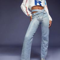 Bon&Bon Denimoi Crisscross Waist Mom Fit Straight Leg Metallic Jeans Blue / 29