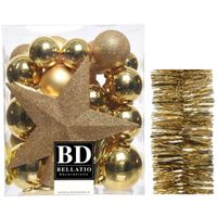 Kerstversiering kerstballen 5-6-8 cm met ster piek en folieslingers pakket goud van 35x stuks