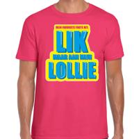 Foute party T-shirt heren - roze - Lik maar aan mijn lollie - carnaval / themafeest