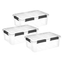 5Five opberg Box met deksel - 3x - Protect - 32 liter - 58 x 39 x 22 cm - kunststof - transparant