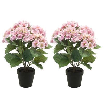 Hortensia kunstplant in kunststof pot - 2x - roze - 40 cm - Hydrangea Macrophylla