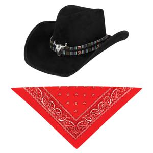 Carnaval verkleedset luxe model cowboyhoed Rodeo - zwart - en rode hals zakdoek - voor volwassenen