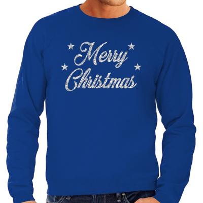 Kersttrui voor heren - Merry Christmas - blauw - met zilveren glitter letters - kerstdiner kleding