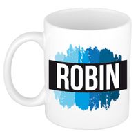 Naam cadeau mok / beker Robin met blauwe verfstrepen 300 ml   - - thumbnail