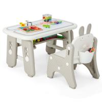 Kindertafel- en Stoelset Kunsttafel en Stoel Voor Peuters met Opklapbaar Boekenrek Grijs