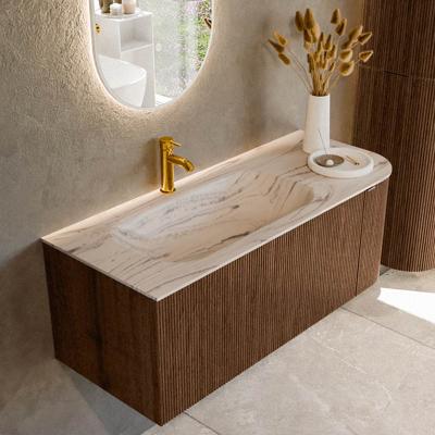 Badmeubel Mondiaz Kurve-Dlux | 115 cm | Meubelkleur Walnut | Wastafelkleur Nata | Solid surface | Wasbak linker zijde spoelbak | 1 kraangat