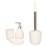 WC-/toiletborstel houder en 3-delige badkamer set wit dolomiet/rvs - Badkameraccessoireset