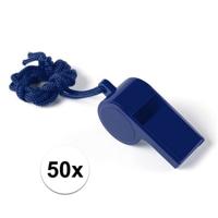 Fluitjes van kunststof - Multipack van 50x stuks - blauw - aan koordje - herrie maken - sport Fluitjes van kunststof - Multipack van 50x stuks - blauw - aan koordje - herrie maken - sport