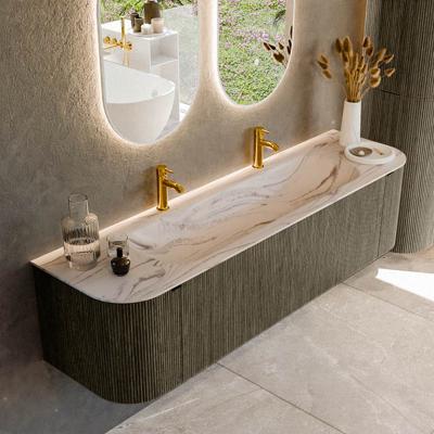 Badmeubel Mondiaz Kurve-Dlux | 170 cm | Meubelkleur Shadow | Wastafelkleur Nata | Solid surface | Wasbak midden spoelbak | 2 kraangaten