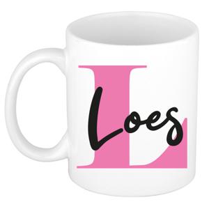 Naam mok Loes - roze - wit - keramiek - 300 ml - verjaardag/cadeau beker