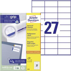 Avery-Zweckform 3479 Universele etiketten 70 x 32 mm Papier Wit 2700 stuk(s) Permanent hechtend Laser (kleur), Laser (zwart/wit)