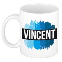 Naam cadeau mok / beker Vincent met blauwe verfstrepen 300 ml - thumbnail