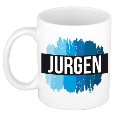 Jurgen naam cadeau koffie mok - beker - met blauw verfstrepen - Cadeau collega - vaderdag