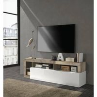 TV-meubel met 1 deur - Witte gelakte afwerking en vintage houteffect - B 184 x D 42 x H 56 cm - MAESTRO - thumbnail