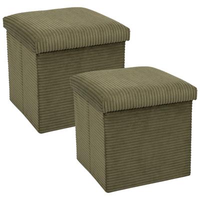 Poef/hocker - 2x - opbergbox - rib - groen - polyester - 38 x 38 cm