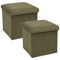 Poef/hocker - 2x - opbergbox - rib - groen - polyester - 38 x 38 cm