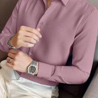 Bon&Bon Men's Waffle Knit Shirt - Black Long Sleeve Button Front Pink / XL