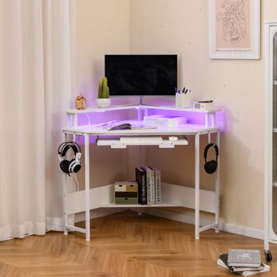 Hoekbureau met Oplaadstation & LED & Toetsenbordlade & Monitorstandaard Gamingtafel Wit