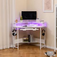 Hoekbureau met Oplaadstation & LED & Toetsenbordlade & Monitorstandaard Gamingtafel Wit