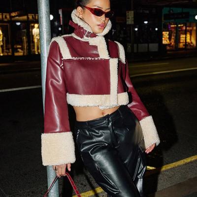 Bon&Bon Black PU Leather Moto Jacket - Teddy Lined Crop Biker Coat Burgundy / XS