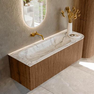 Mondiaz KURVE-DLUX 135 cm Onderkast Greeploos 1 Lade Met Deuren Walnut, Wastafel Solid Surface Links Glace 0 Kraangaten Zonder Spiegel (KRVBGM135R1L1D0KL-Wal/Gla)
