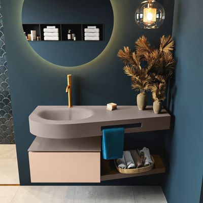 MONDIAZ RIVA 120cm badmeubel onderkast / planchet kleur Rosee met 1 lade. Wastafel DULCET links 1 kraangat kleur Smoke. MONDIAZ RIVA 120cm badmeubel onderkast / planchet kleur Rosee met 1 lade. Wastafel DULCET links 1 kraangat kleur Smoke.