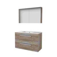 Basic-Line Comfort 46 Badkamermeubelset - 100 x 46 cm - Met Grepen - 2 Lades - Keramische Wastafel - 1 Kraangat - Spiegelkast - Scotch Oak