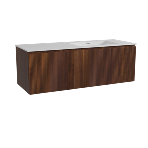 Storke Ribs zwevend badmeubel 140 x 52 cm notenhout met Mata asymmetrisch rechtse wastafel in solid surface mat wit, Verticale symmetrische rechte ribbel