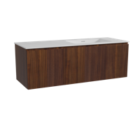 Storke Ribs zwevend badmeubel 140 x 52 cm notenhout met Mata asymmetrisch rechtse wastafel in solid surface mat wit, Verticale symmetrische rechte ribbel