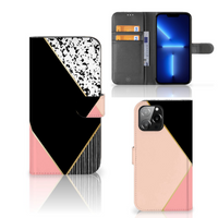iPhone 13 Pro Max Book Case Zwart Roze Vormen - thumbnail
