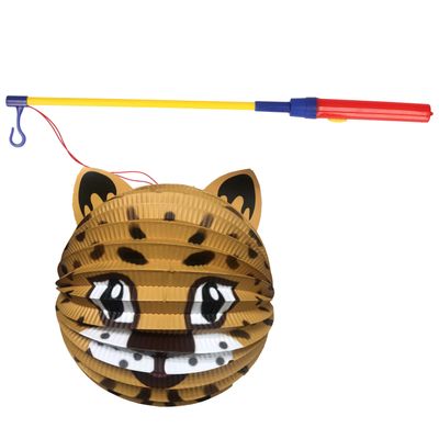 Bol lampion panter - bruin - H20 cm - papier - met lampionstokje - 40 cm