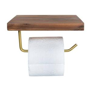 QUVIO Toiletrolhouder metaal met telefoon plank - Donker hout + goud