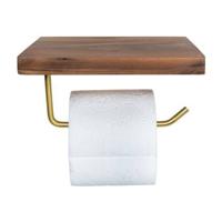 QUVIO Toiletrolhouder metaal met telefoon plank - Donker hout + goud