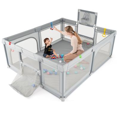 188 x 157 cm Baby Speelhekje met Basketbalring Voetbaldoel Opvouwbaar Peuter Speelhek met Ritsdeur Lichtgrijs
