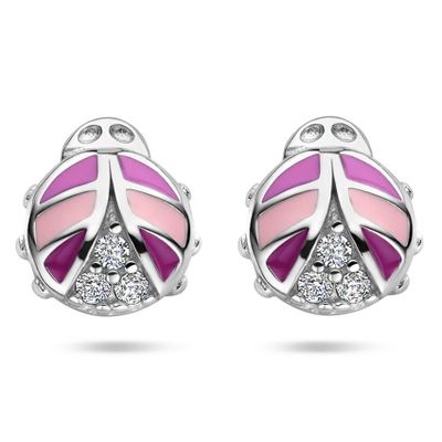 Oorknoppen Lieveheersbeestje zilver-emaille-zirconia roze-paars-wit 6 x 6,5 mm