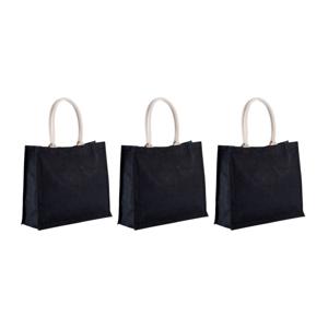 Jute boodschappen strandtas - 3x stuks - zwart - 42 x 36 cm - Strandartikelen beach bags/shoppers