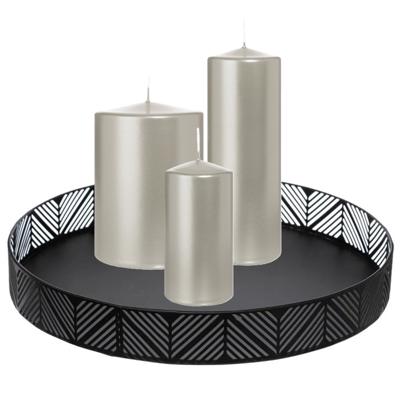 Cilinderkaarsen stompkaarsen - set van 3x - op dienblad - zilver - 6 x 12 - 10x15 - 7x20 cm