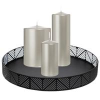 Cilinderkaarsen stompkaarsen - set van 3x - op dienblad - zilver - 6 x 12 - 10x15 - 7x20 cm