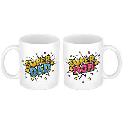 Super Dad mok en Mom - pop art koffie mokken - Cadeau bekers set - voor Papa en Mama Super Dad mok en Mom - pop art koffie mokken - Cadeau bekers set - voor Papa en Mama