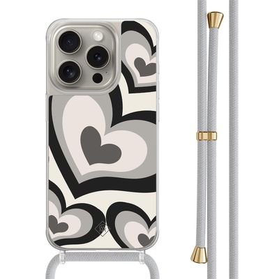 iPhone 15 Pro hoesje met grijs koord - Hart swirl zwart