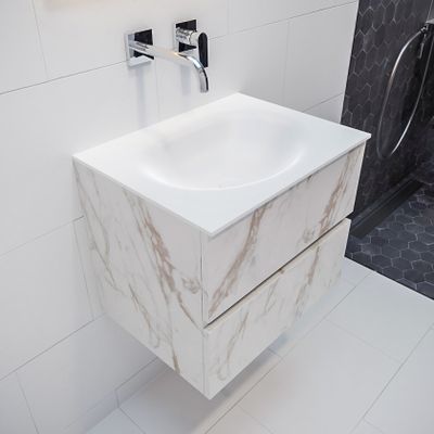 Mondiaz Vica Moon badmeubel wit carrara mat 60 cm 2 lades solid surface enkele spoelbak midden zonder kraangat