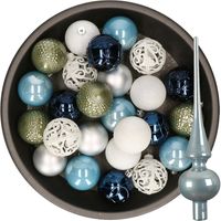 37x stuks kunststof kerstballen 6 cm incl. glazen piek blauw-wit-zilver-groen