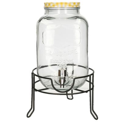 Limonade/drankdispenser op verhoger - geel/wit geblokte dop - 4 liter - glas - H37 x B19 cm