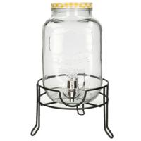 Limonade/drankdispenser op verhoger - geel/wit geblokte dop - 4 liter - glas - H37 x B19 cm