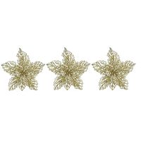 3x Kerstboomversiering op clip gouden glitter bloem 23 cm - thumbnail