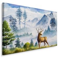 Schilderij - Berglandschap met hert (print op canvas), 4 maten, multi-gekleurd, wanddecoratie