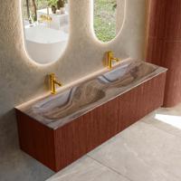 Badmeubel Mondiaz Kurve-Dlux | 150 cm | Meubelkleur Ruby | Wastafelkleur Sombra | Solid surface | Wasbak beide zijden spoelbak | 2 kraangaten