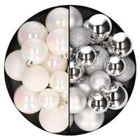 Kerstballen 60x stuks - mix parelmoer wit/zilver - 4-5-6 cm - kunststof - Kerstbal - thumbnail