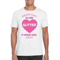 Bellatio Decorations Gay Pride T-shirt voor heren - being gay is like glitter - wit/roze - LHBTI 2XL  -
